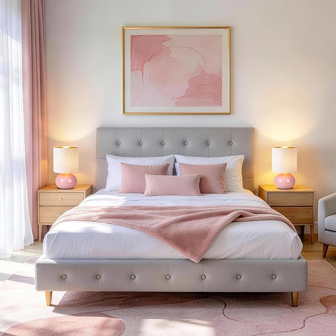 Hamucd Ceramic Table Lamps Set of 2, Modern Classic Bedside Lamps for Nightstand, Small Table Lamp for Bedroom Living Room Desk End Table (Pink)