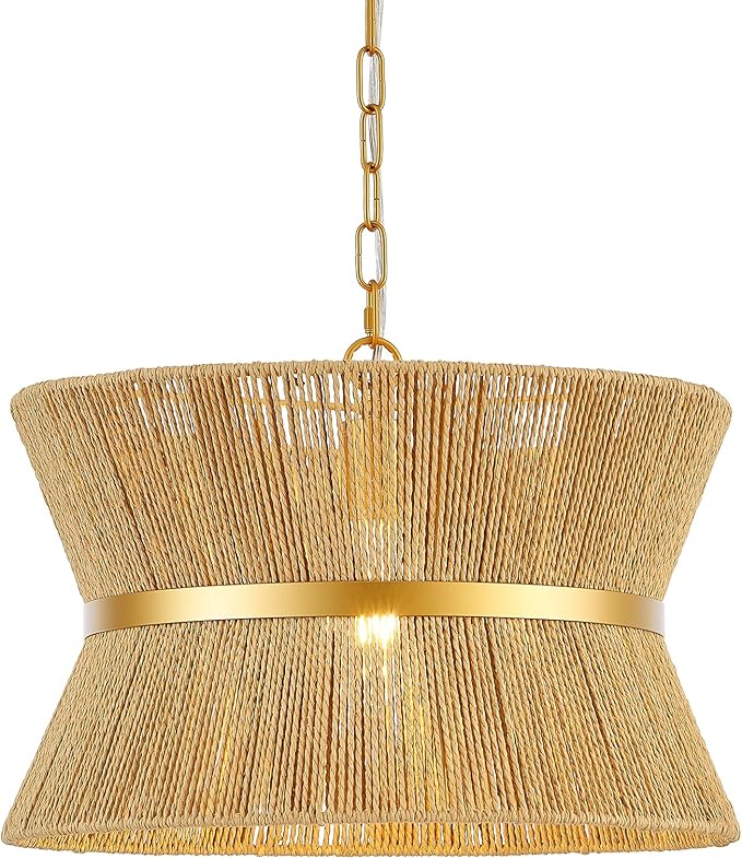 18” Hand Woven Rattan Boho Chandelier Brass Ajustable Pendant Light for Kitchen Island Living Room Bedroom Hallway, UL Listed