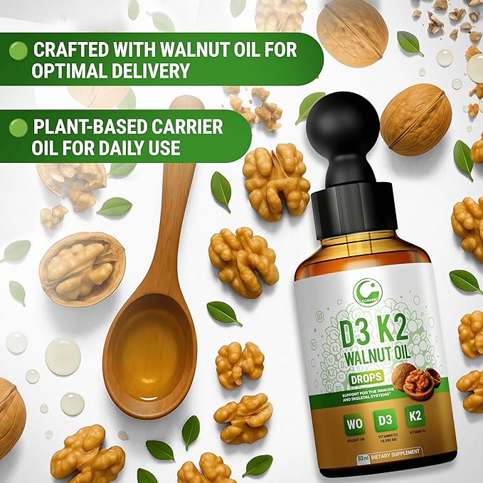 Liquid Vitamin D3 K2 Drops 10000 IU with Walnut Oil – High Potency Liquid Vitamin D3 with Vitamin K2 (MK7) 200 mcg | D3 K2 Supplement for Men & Women | Bones, Muscles & Immune Support | Non-GMO
