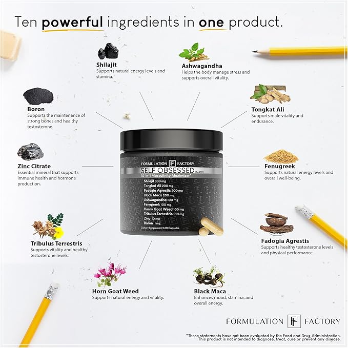 Formulation Factory Self Obsessed Masculine Vitality & Testosterone Support - 10-in-1 Complex with Shilajit, Tongkat Ali, & Fadogia Agrestis - 180 Capsules, 3 Month Supply