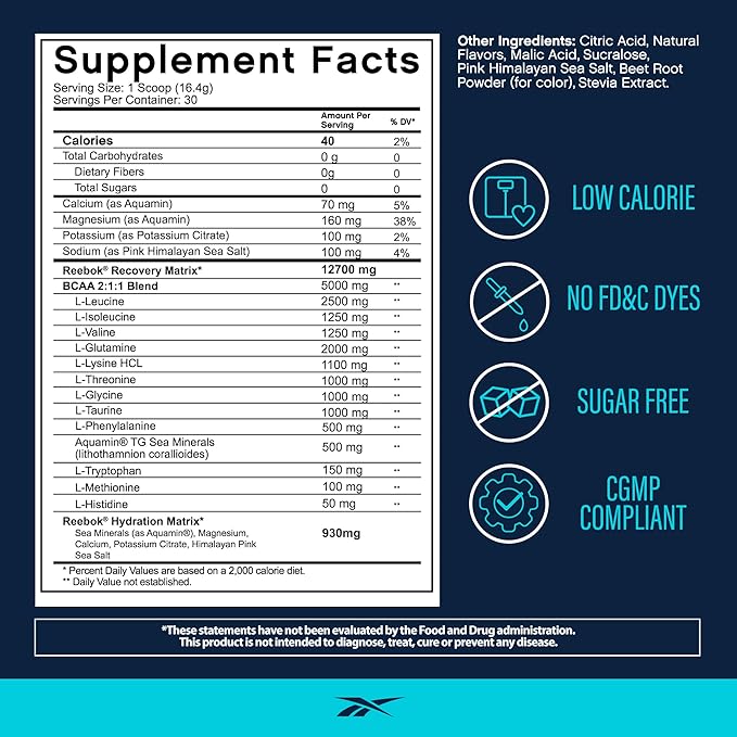 Reebok REEcover Amino Acids + Electrolytes | 8g EAAs, 5g BCAAs, Hydration Matrix | Muscle Recovery, Strength | Post-Workout Support | 30 Servings | Strawberry Lemonade