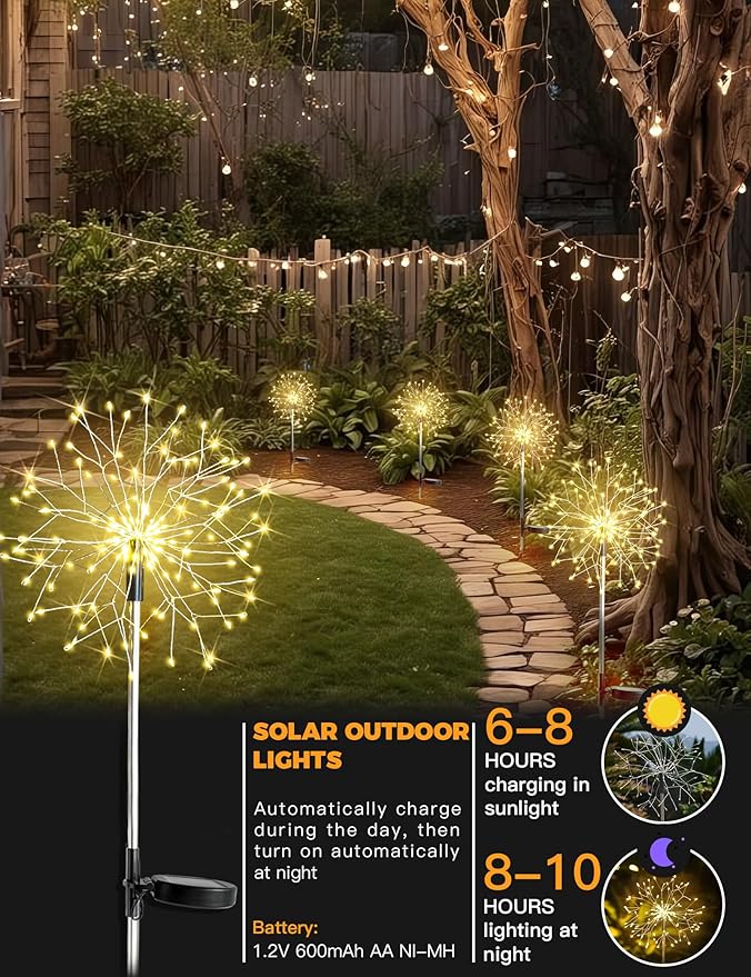 suddus Solar Garden Lights Outdoor Waterproof Decorative, 4Pack 150LED Firework Lights, Solar Fairy Lights for Yard, Garden, Patio, Pathway, Flowerbed, Party, Wedding Outside Decor- Warm White