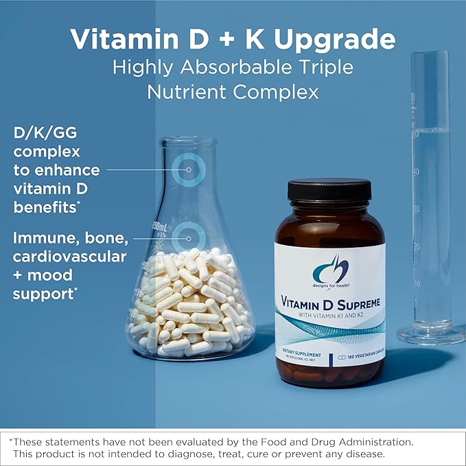 Designs for Health Vitamin D Supreme - Vitamin D 5000 IU with 2000mcg Vitamin K as MK4 for Bone Health, Heart Health, Mood & Immune Support - Vitamin D3 Enhanced with GG Supplement (180 Capsules)