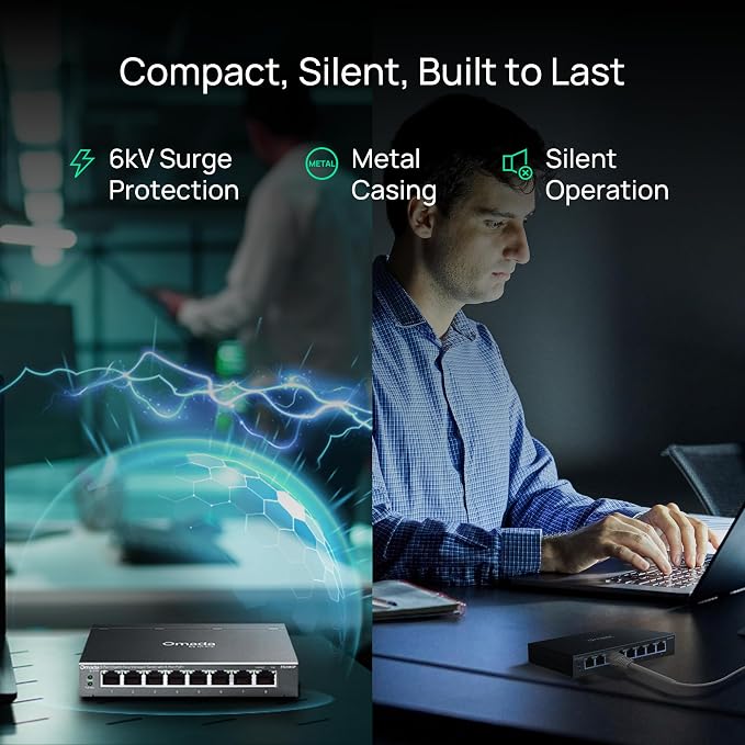 TP-Link Omada 8 Port Gigabit Easy Managed, PoE Switch, 65W Budget, PoE+ Compliant, Up to 250m PoE Distance, Auto Recovery, VLAN, Auto Loop Prevention, Fanless, Managed by Omada(ES208GP)