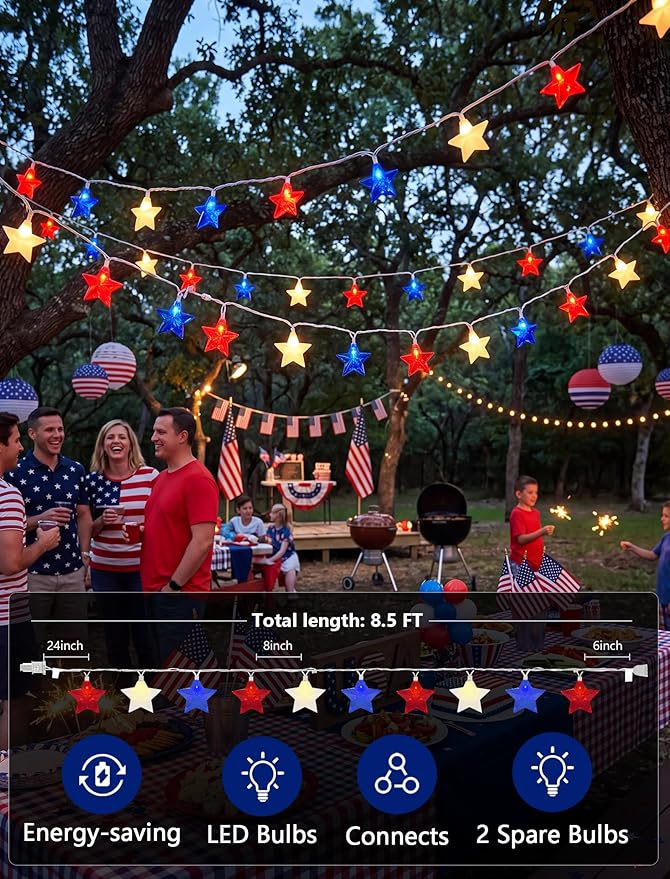 LED Red White Blue Star String Lights Plug in, 8.5Ft 4th of July Decorations Lights with 10 LED Star Light, Hanging Patriotic Outdoor Lights for Independence Day Window Home Patio Party Garden Decor