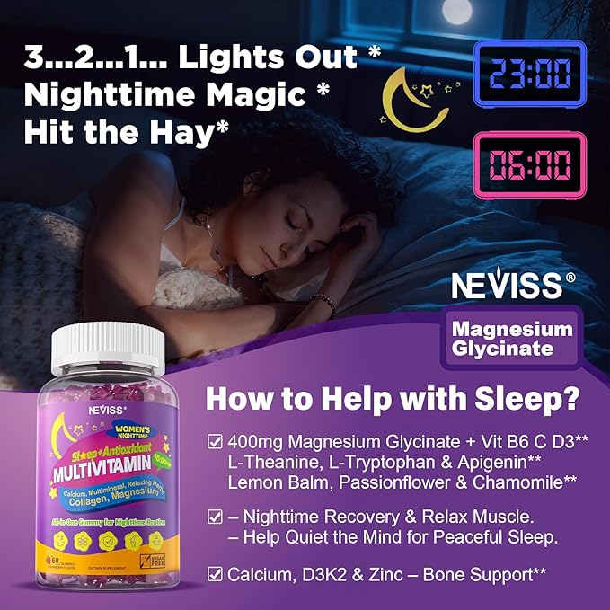 NEVISS Multivitamine Méthylée 52-en-1 pour Femmes, Gommes avec Fer, Oméga-3, B6 B9 B12 pour la Journée | Glycinate de Magnésium, Calcium, Collagène pour le Renouvellement/Sommeil Nocturne, Quotidien AM PM pour Femmes 18 30 40 50 60 70+