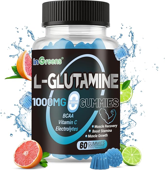 L-Glutamine Gummies 1000mg with BCAA, Potassium, Magnesium & Vitamin C, Muscle Recovery, Endurance Support & Daily Nutrition, Portable Supplement for Men＆Women, Lime Grapefruit Flavor, 240 Count