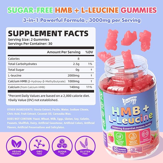 2 Pack HMB and L-Leucine 3000mg with Calcium Gummies - Muscle Support & Recovery for Adults & Elderly, Vegan, Non-GMO, Gluten Free, 120 Gummies