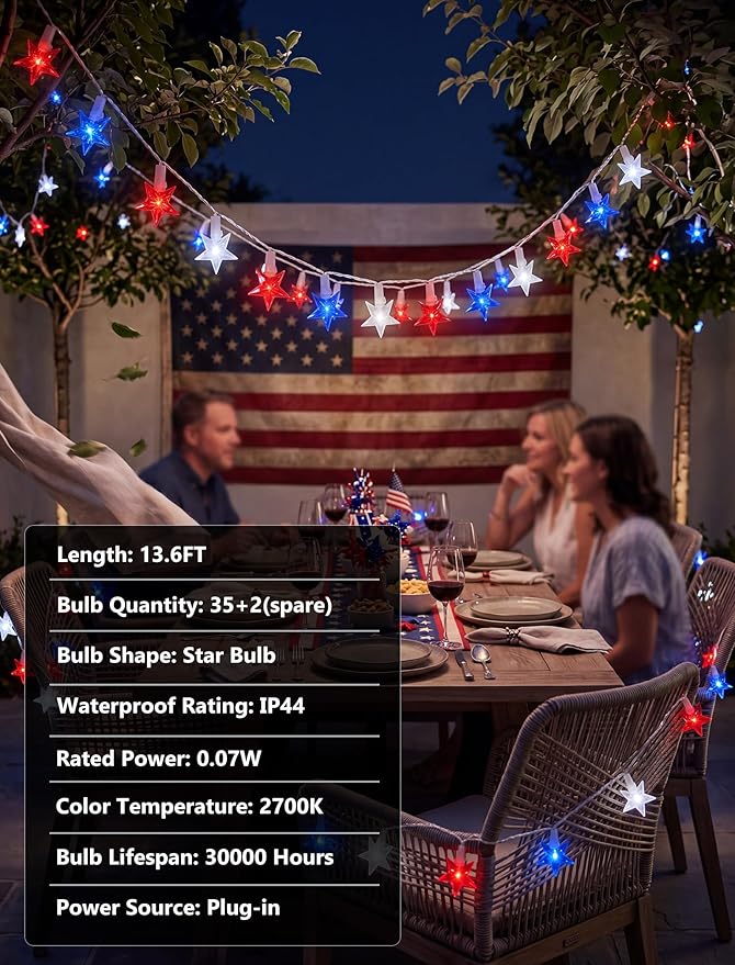 13.6Ft Red White and Blue Star String Lights, 35 LED Patriotic Lights for Flag Day 4th of July Decorations, Waterproof Plug in Fairy Lights for Indoor Outdoor Fence Backyard Patio Independence Day