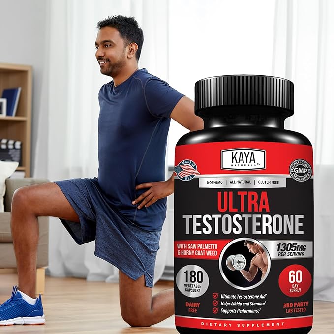 Kaya Naturals UltraTest- Men's T Booster with Tongkat Ali, Horny Goat Weed, Tribulus - Natural Workout Supplement for Energy, Stamina, and Strength Booster - 180 Count