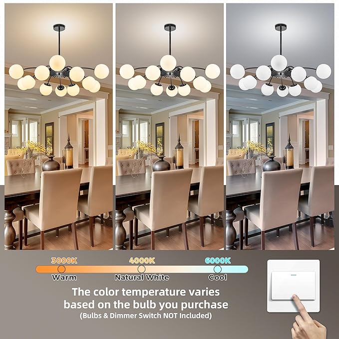 12-Light Milk Glass Pendant Light, 40" Sputnik Bubble Glass Chandelier Light Fixture, Hand Blown Semi Flush Mount Ceiling Chandeliers Lighting for Dining Room, Living Room (Black, 12-Light Chandelier)