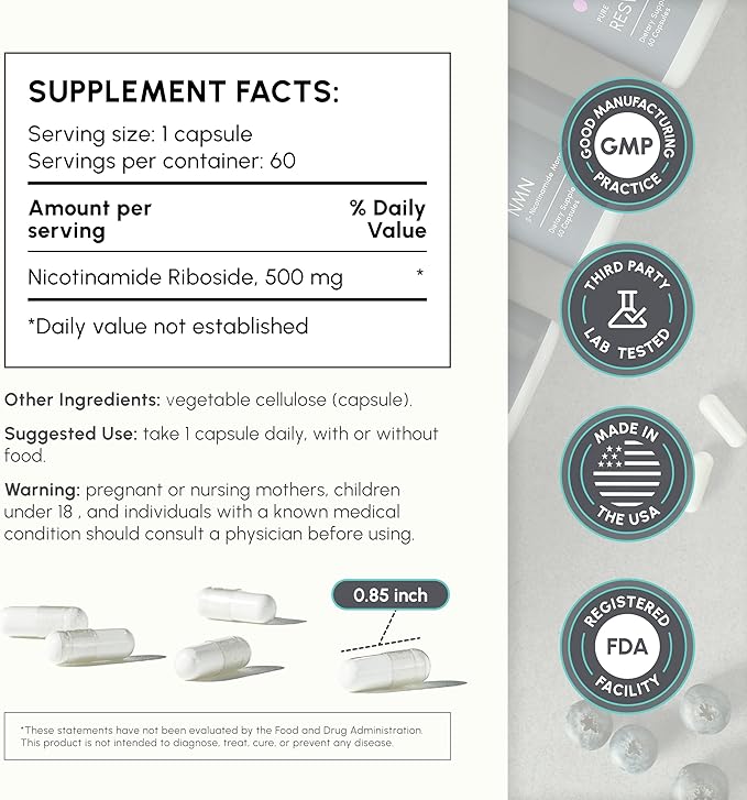 Supplément NR partiQlar - Capsules de Nicotinamide Riboside Haute Pureté - Booster de NAD+ pour l'Anti-Âge, l'Énergie Cellulaire et la Réparation - Alternative au NMN - 60 Capsules Végétales
