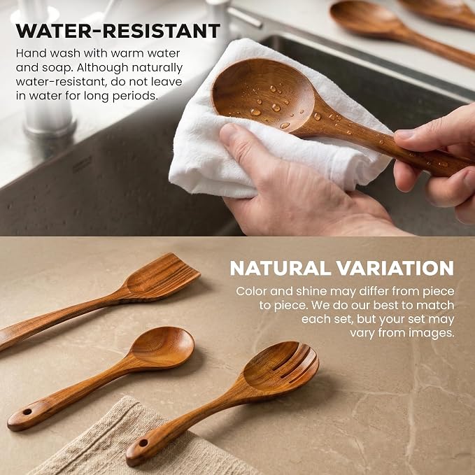 Zulay Kitchen Extra-Large 5-Piece Wooden Spoon Set - Smooth Teak Cooking Utensils - Comfort-Grip Non-Stick Turner, Spatula, Skimmer, Fork, Serving Spoon