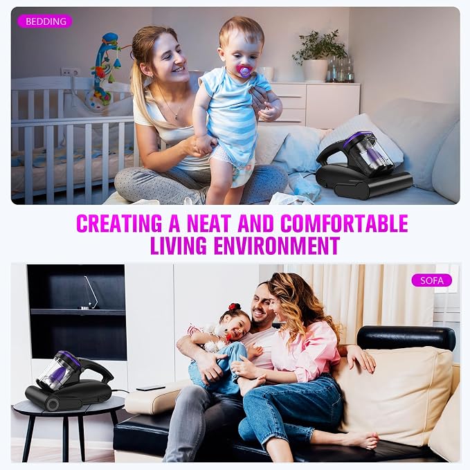 Bed Vacuum Cleaner Mattress Vacuum Cleaner,16Kpa Powerful Handheld Vacuums with UV-C Light & Double Dust Cup & High Heating & Ultrasonic & HEPA Filter for Bed Sofa(Corded,Midnight Purple)
