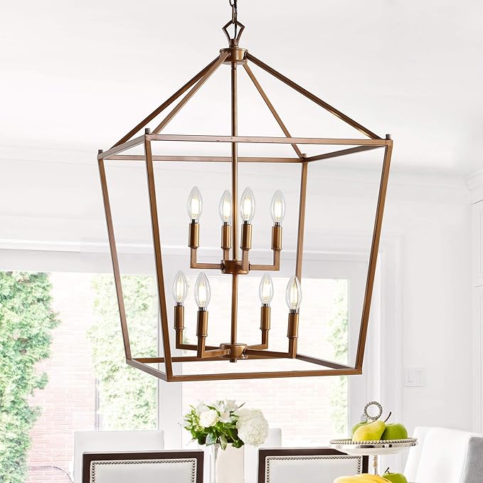 JONATHAN Y 20" Antique Gold Lantern Pendant Light, 8-Light Pagoda Style Metal Cage Farmhouse Hanging Ceiling Fixture for Kitchen Island, LED Bulb Included (JYL7438B)