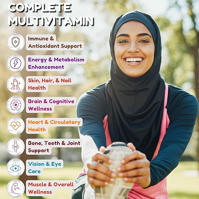 SHIFAA NUTRITION Halal Multivitamins for Women, Men & Adults, 30 Servings | Iron, Vitamin A, B6, B12, Biotin, Niacin, C, D3, E, Zinc, Calcium, Folic Acid, CoQ10 | Halal Vitamins