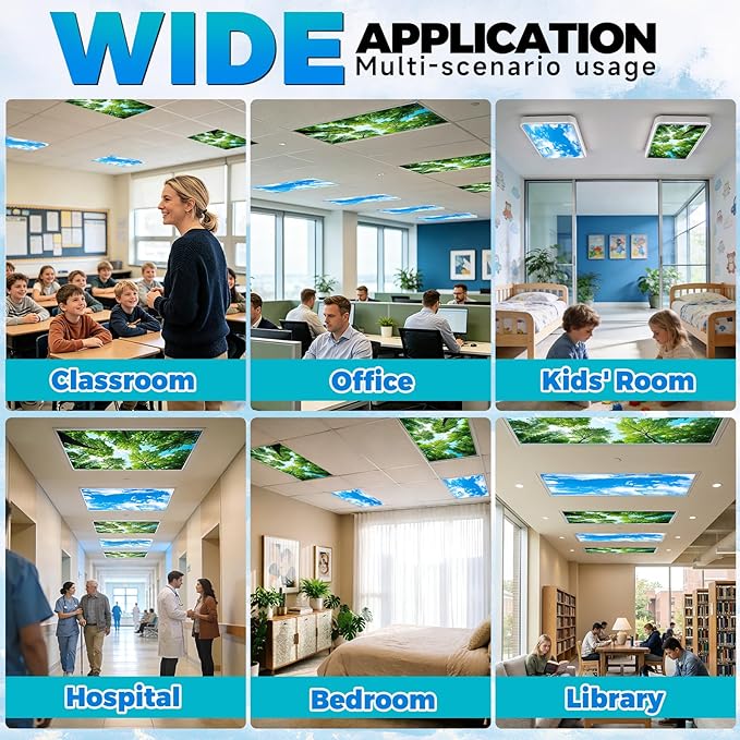 Aheroi 4-Pack Fluorescent Magnetic Light Covers - Mix Light Filters for Classroom Ceiling Lights (Forest & Blue Sky)