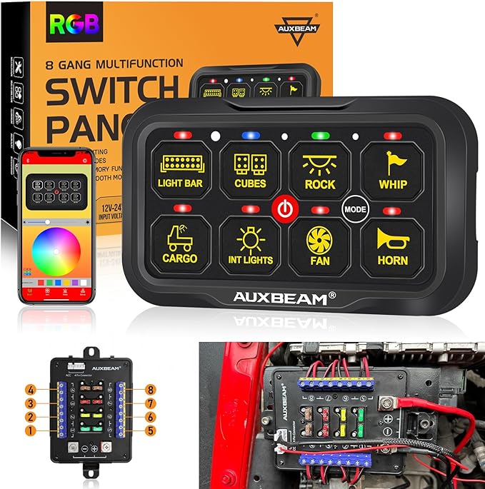 Auxbeam RGB Bluetooth 8 Gang Switch Panel AR-820 Toggle Momentary Pulsed Switch Pod for Truck UTV Offroad Boat Auxiliary LED Light Controller with Circuit Relay System Box Waterproof, 3-Year Warranty