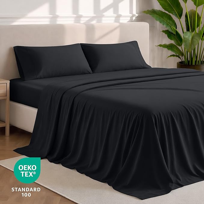 Bare Home Short Queen Sheet Set - 1800 Ultra-Soft Microfiber Bed Sheets - Double Brushed - Deep Pockets - Easy Fit - 4 Piece Set - Bedding Sheets & Pillowcases (Short Queen, Black)