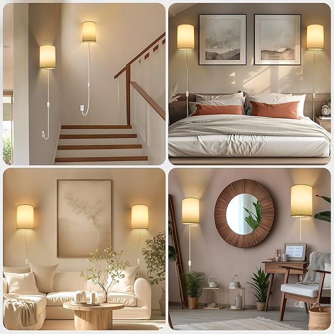 Plug in Wall Sconce, 3 Color, Set of Two, Industrial Wall Lamp with Plug in Cord, Rustic Fixture, On/Off Switch Vintage Wall Light Fixture for Headboard Bedroom Porch (White)