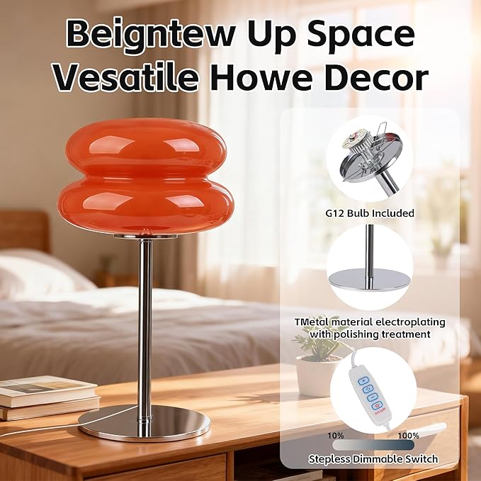 Bedroom Mushroom lamp, Medieval Modern Bedside Table lamp for Night Stands, Vintage dimmable Small Lamps, Cute Cool Desk Lamps Home Room Aesthetic Decor for Living Room(Orange)