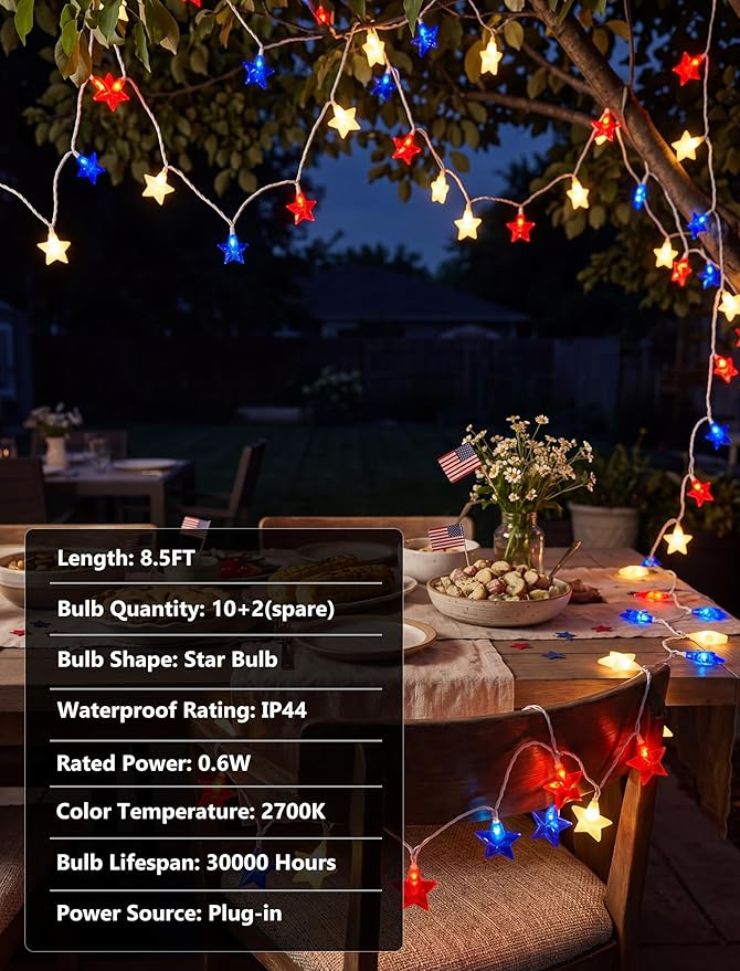 8.5Ft 10LED Red White and Blue Star String Lights, 4th of July Decorations Lights for Outdoor, Connectable LED Patriotic Lights Waterproof for Backyard Patio Flag Day Memorial Day Independence Day