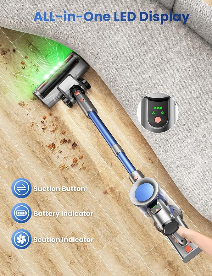 Dzaki Cordless Stick Vacuum Cleaner, 50KPa Brushless Motor Vacuum with Anti-Tangle, LED Display, 55-Min Runtime & Detachable Battery for Pet Hair, Carpet & Hardwood Floors (Blueorange)