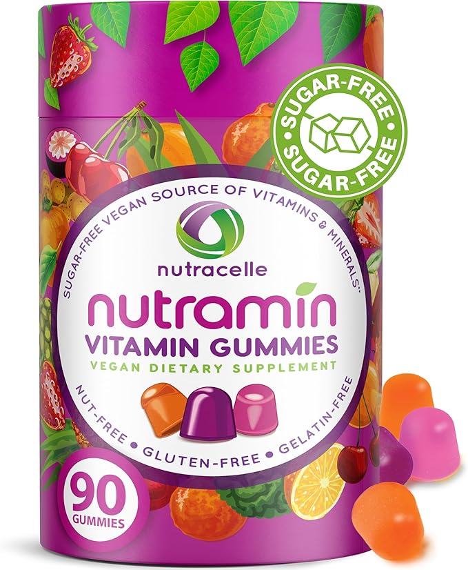 NUTRAMIN Gommes Multivitaminées Vegan Céto Quotidien Sans OGM Vitamine C, D + Zinc Naturelles pour l'Immunité, Végétales, Sans Sucre, Sans Noix, Sans Gluten, Biotine, Vitamine A, B, B6, B12 & Plus 45 Jours (90 Comprimés)