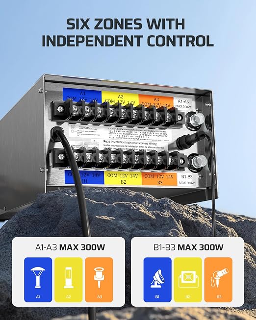 DEWENWILS 600W Low Voltage Landscape Transformer, 6 Independent Outputs, Low Voltage Transformer with Photocell Sensor, 120V to 12V/14V AC, Stainless Steels Landscape Lighting Transformer Outdoor