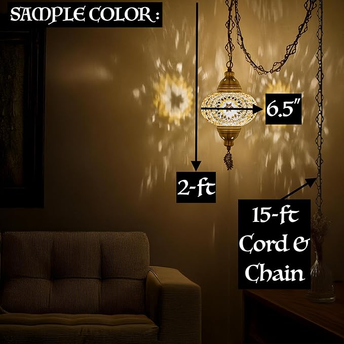 DEMMEX Authentic Turkish Mosaic Plug-in Swag Pendant Light Fixture, Large 6.5" Globe – Moroccan Hanging Ceiling Lamp - 15ft Cord & Chain, US/CA Plug, Exotic Mediterranean Decor, Handmade