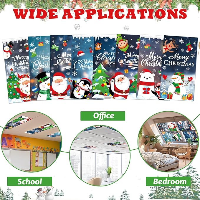 8 Pcs Fluorescent Light Covers with 80 Magnets Decorative for Classroom Ceiling Light 4x2 Feet Magnetic Filter Easy Install for Office Hospitals & Home Drop Ceiling Supplies(Christmas Santa Claus)