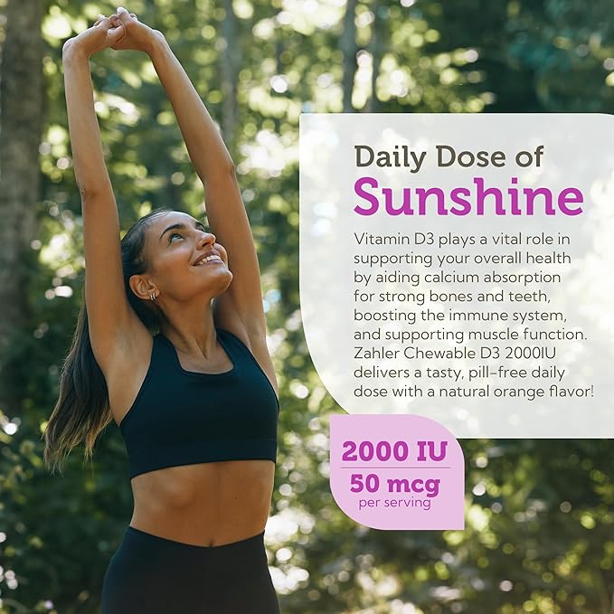 Zahler Vitamine D3 À CROQUER 2000 UI, un supplément entièrement naturel ciblant les carences en vitamine D, certifié casher, 120 comprimés saveur orange au goût délicieux