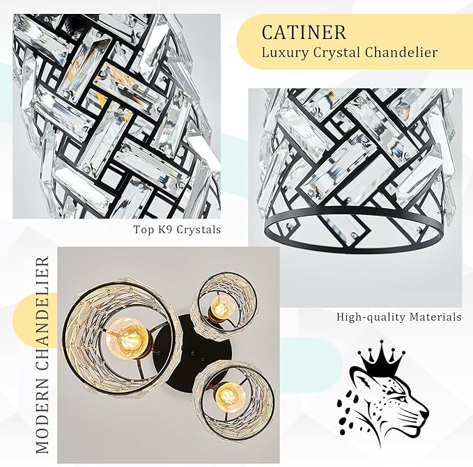 CATINER 3 Lights Crystal Pendant Light Modern Black Mini Chandelier, Adjustable Cluster Pendant Light Fixture for Kitchen Island Dinning Room Bedroom Hallway Porch