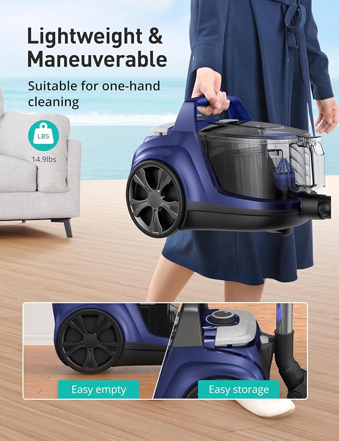 Aspiron Canister Vacuum, Upgraded 1600W Bagless Canister Vacuum Cleaner, Auto Cord Rewind, H13 HEPA Filter, 4Qt Large Capacity, 5 Tools for Hard Floors, Carpet, Pet, Upholstery, Tiles, Indigo