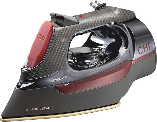 CHI Steam Iron for Clothes, Professional Grade, Titanium Infused Soleplate, 400+ Steam Holes, 1700 Watts, 3-Way Auto Shutoff, 8' Retractable Cord, Black/Chrome