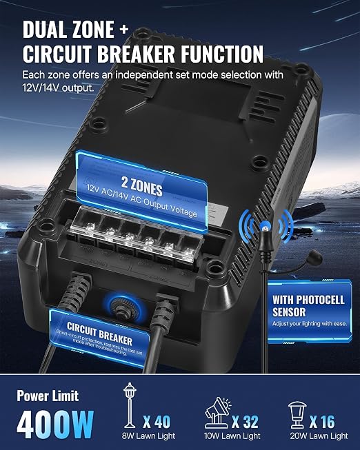 400W Low Voltage Landscape Transformer, 2 Zone Independent Control Landscape Lighting Transformer, 120VAC to 12/14V AC Low Voltage Transformer with Timer & Photocell Sensor ETL Listed D23LT06
