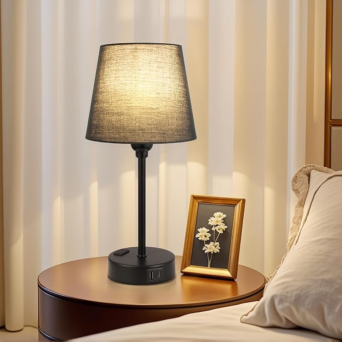 Black Lamp for bedrooms Set of 2 - Nightstand Bedroom Lamp with USB C Port and AC Outlet Charging, 3 Way Dimmable Touch Control Bed Side Table Lamp, Small Night Stand Light for Men/Kids