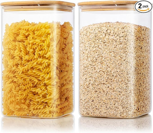 Large Glass Storage Containers 168oz, 2 Pack Pantry Jars with Bamboo Lids | Square Borosilicate Glass Jar with Airtight Lid Keep Flour, Sugar & Rice Fresh, Fits 5lb Bag, BPA-Free for Pantry Organizer