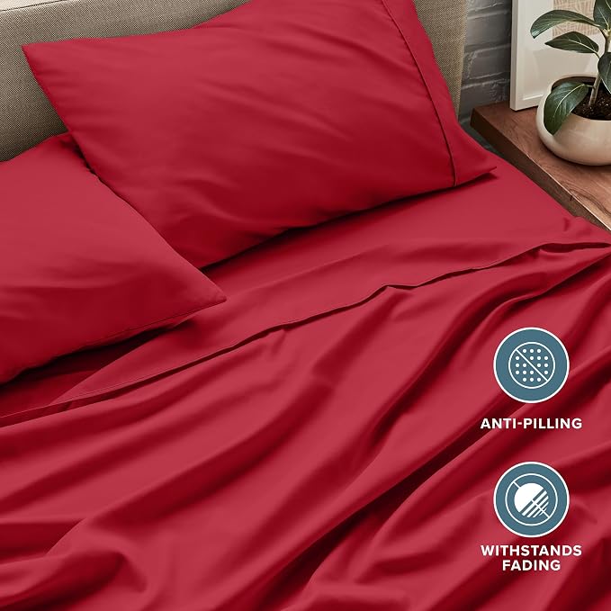 Bare Home Twin XL Sheet Set - 1800 Ultra-Soft Microfiber Twin Extra Long Bed Sheets - Double Brushed - Deep Pockets - Easy Fit - 3 Piece Set - Bedding Sheets & Pillowcases (Twin XL, Red)