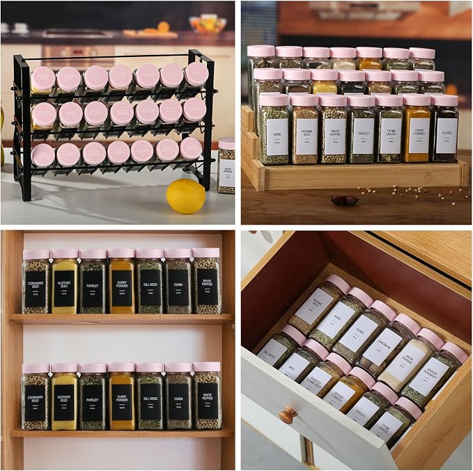 36 Glass Spice Jars with Labels, Spice Jar Set, 4oz Seasoning Containers, Spice Containers with Pink Airtight Lids and Shaker Lids, Square Empty Spice Bottles, 492 Labels, 1 Funnel