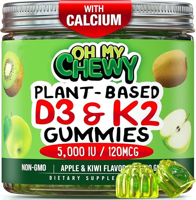 Gummies à la vitamine D3 K2 et au calcium à cœur coulant - Supplément pour des dents, des os et une énergie sains - 5000 UI de D3, 120 mcg de K2 (MK-7), 120 mg de CA - Végétalien et sans OGM - 120 gommes