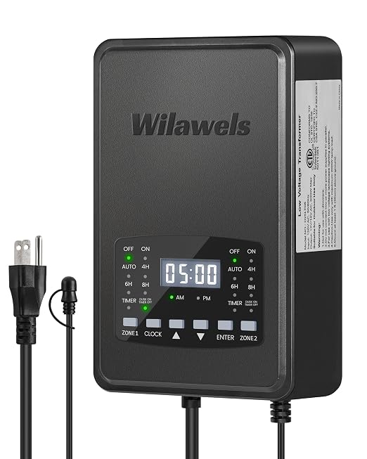 600W Low Voltage Landscape Transformer, 2 Zone Independent Control Landscape Lighting Transformer, 120VAC to 12/14V AC Low Voltage Transformer with Timer & Photocell Sensor ETL Listed D25LT06