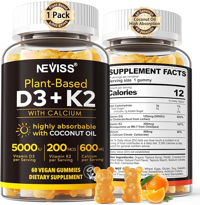 ビタミンD3 5000IU＆K2(MK7) 200mcg グミ + カルシウム 600mg、ココナッツオイル配合で高吸収、最大強度ビタミンD3 K2サプリメント - 骨、筋肉、歯、免疫のサポートに、ビーガン対応 60粒
