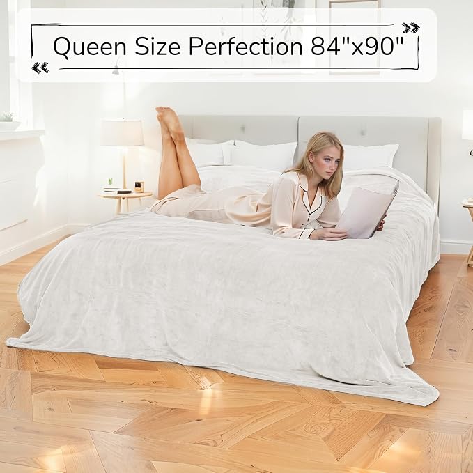 Electric Heated Blanket Queen Size 84"x90" – ETL Certified for Safe Overnight, 4 Heat Settings & 10H Auto Off, Dual-Sided Microplush Sherpa for Home Theater Night, Machine Washable – White