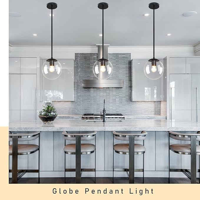 Bagood 8 Inch Black Mid Century Pendant Light Globe Clear Glass Fixture Lights Kitchen Island Globe Pendant Light Mid Century Adjustable Hanging Farmhouse Lights Fixtures for Kitchen Island