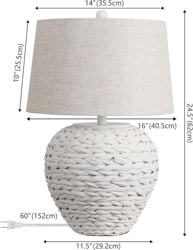 JONATHAN Y 24.5" White Water Hyacinth Farmhouse Basket Table Lamp, Coastal Decor for Living Room Bedroom Nightstand, Light Gray Linen Shade, LED Bulb Included (JYL6501C)