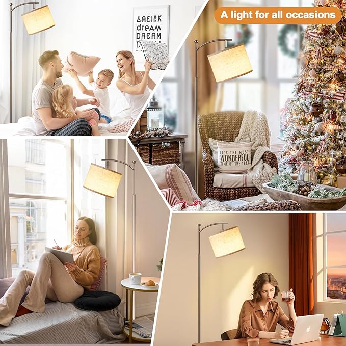 Ambimall 60" Floor Lamp with Remote Control and Stepless Dimmable Bulb, Colors Temperature & Brightness Adjustable, Modern Floor Lamps for Living Room, Beige Shade & Brown Pole