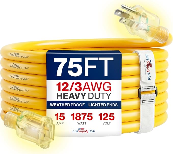 75ft Outdoor/Indoor Extension Cord 12/3 Gauge Extra Heavy Duty 3 Prong SJTW, Waterproof, Flexible Cold-Resistant Long Power Cord,15A 125V 1875W, Yellow by LifeSupplyUSA