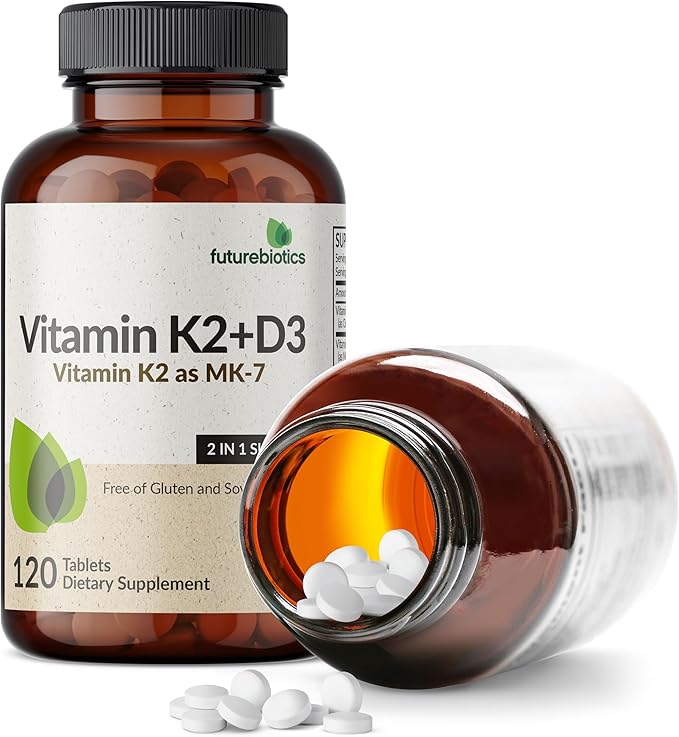 Futurebiotics Vitamine K2 avec D3, Soutien 2 en 1, 5000 UI Vitamine D3 et 90 mcg Vitamine K2 MK-7 Sans OGM, 120 Comprimés