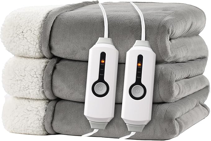Electric Heated Blanket 84"x90" Queen Size, Dual-Sided Microplush Sherpa for Bedroom Couch Use, 4 Heat Settings & 10 Hours Auto Off Energy Saving, Dual Controller, Machine Washable - Light Gray
